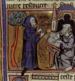 Merlin beim Diktieren seiner Gedichte, frz. Buchmalerei aus dem 13. Jh.